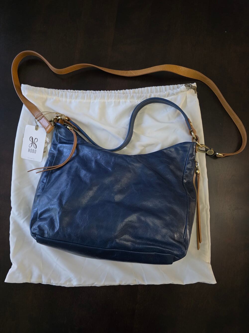 Hobo NEW Delilah Sapphire Shoulder Bag Blue Tan Leather